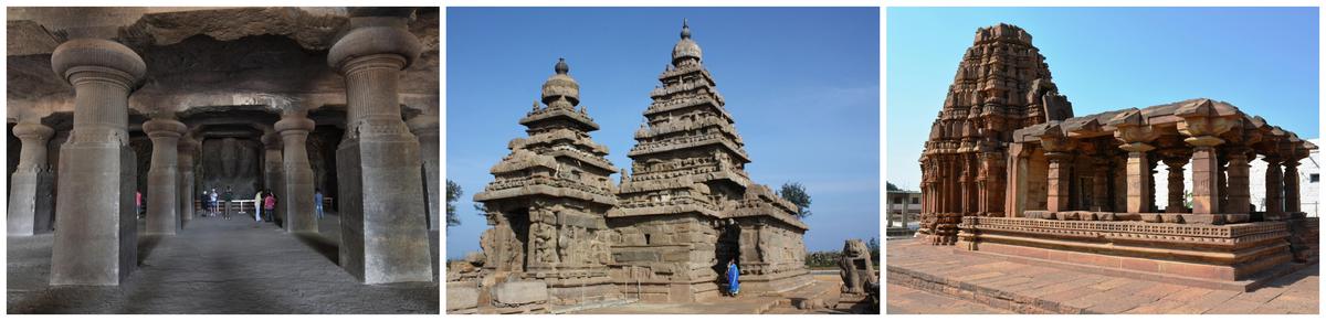 (L to R): Elephanta Caves, Mamallapuram Shore Temple, and Badami Caves