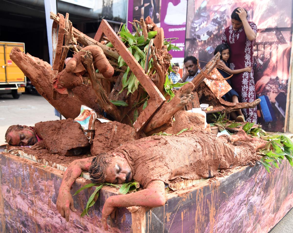 A platform depicting the Mundakkai and Chooralmala landslides as part of the Ente Keralam Expo held in Kozhikode on Saturday.