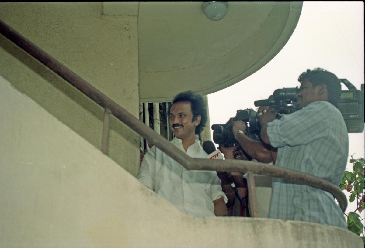 M.K. Stalin, then Chennai Mayor, speaking to the media in Chennai on June 30, 2001