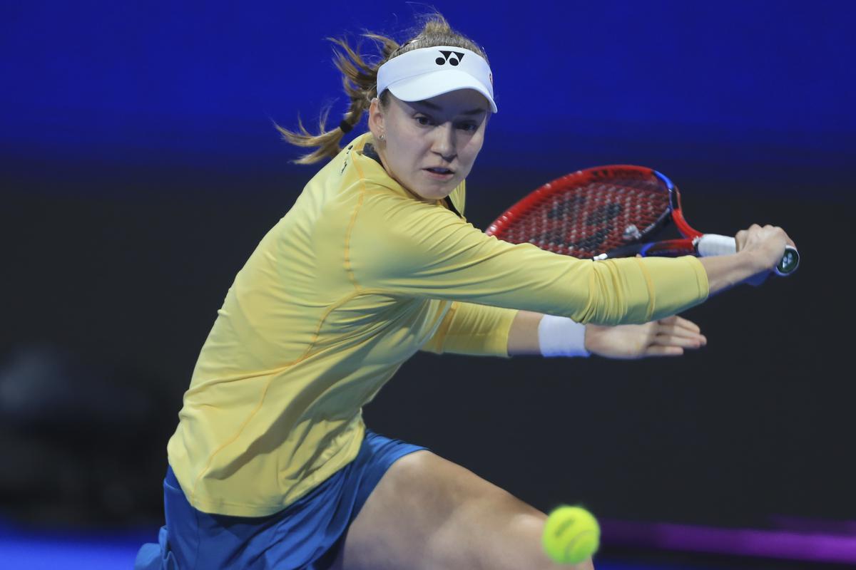 Kazakstan’s Elena Rybakina returns to Canada’s Leylah Fernandez during the Qatar Open quarter-final in Doha.