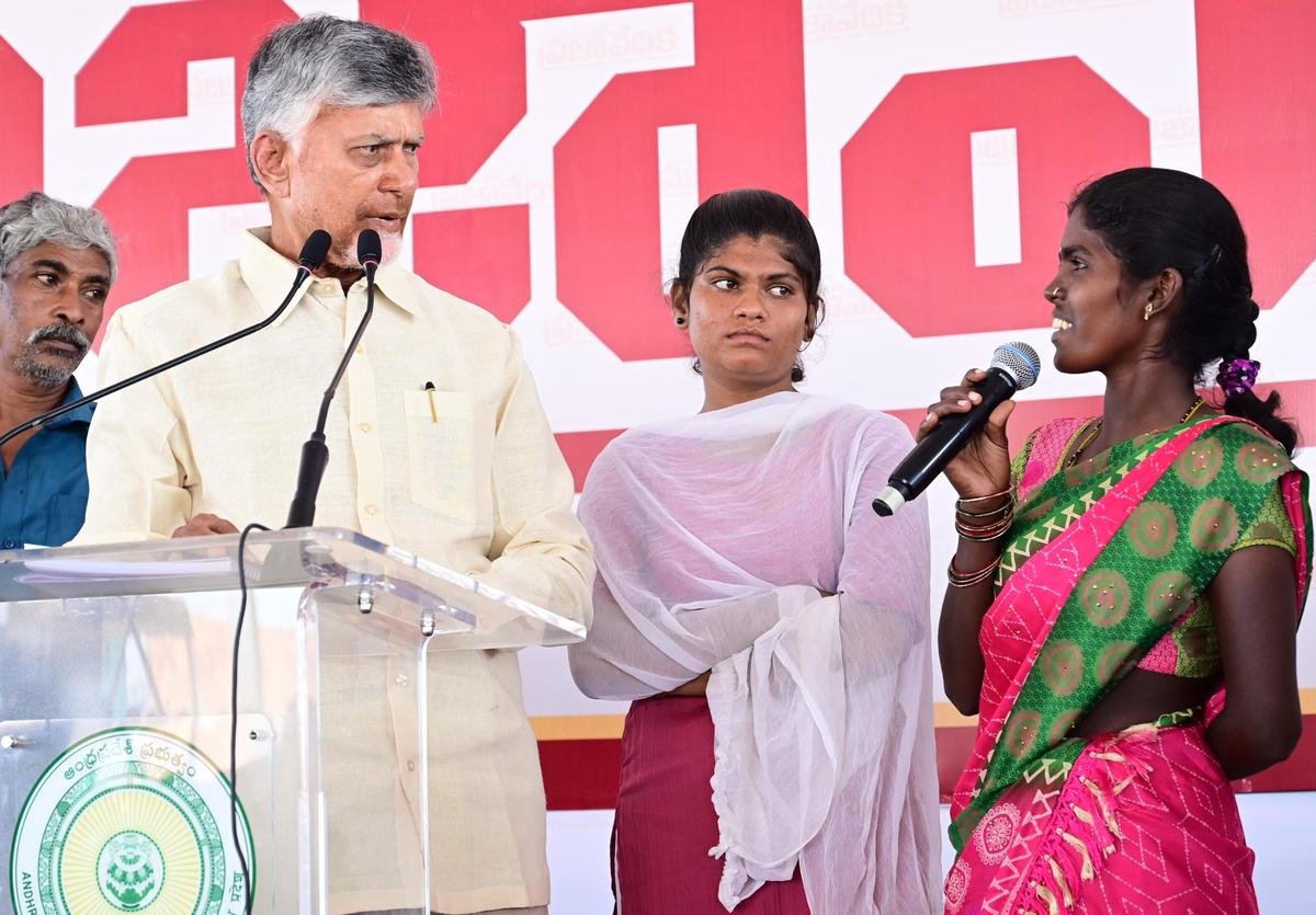 Chief Minister Nara Chandrababu Naidu interacting with a beneficiary at Jammalamadugu, Kadapa district, on Friday. 