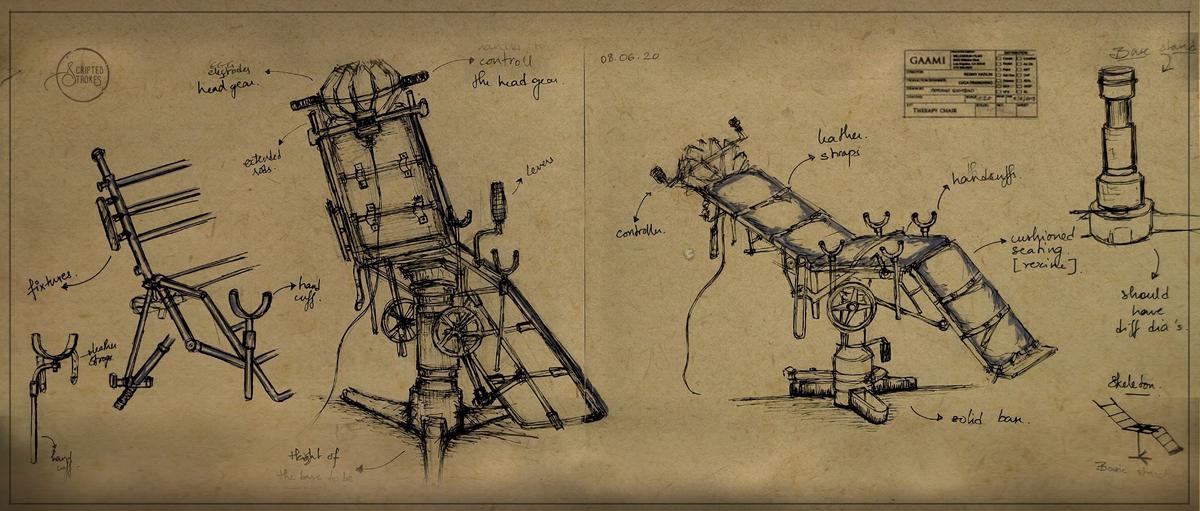 Pravalya’s sketches for the design of the therapy chair in the medical facility in ‘Gaami’