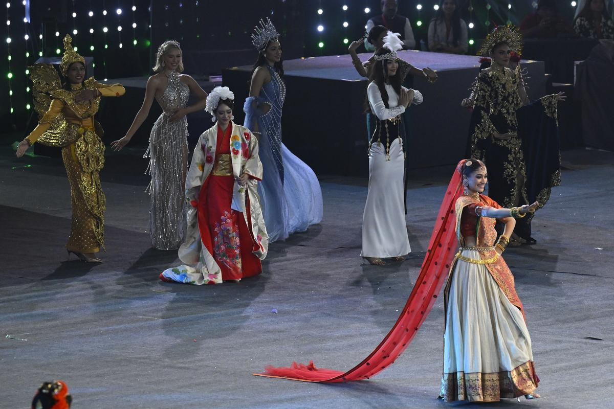 Models participating in the car parade, each Miss World contestant will hold the national flag on Saturday (May 10, 2025) at the Gachibowli Stadium in Hyderabad. Models participating in the car parade, each Miss World contestant will hold the national flag on Saturday (May 10, 2025) at the Gachibowli Stadium in Hyderabad.