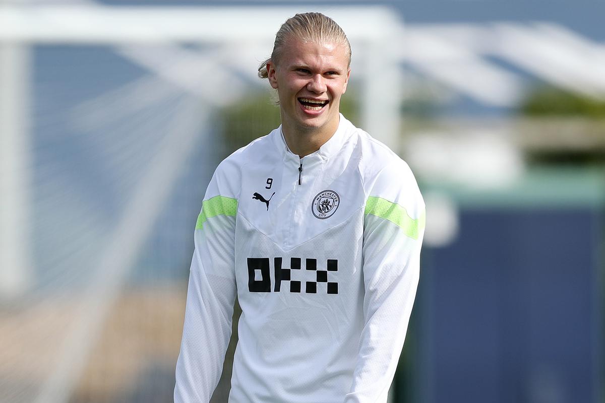 Erling Haaland of Manchester City reacts during a training session ahead of their UEFA Champions League group G match against Borussia Dortmund at Etihad Stadium on September 13, 2022 in Manchester, England