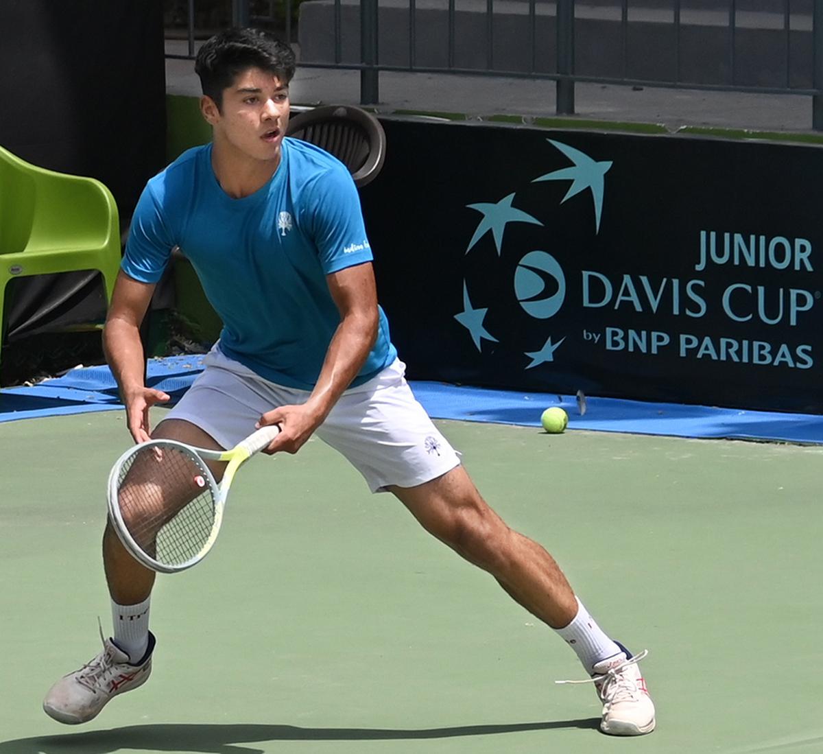 Rushil Khosla in action during the Junior Davis Cup tennis tournament in Delhi.