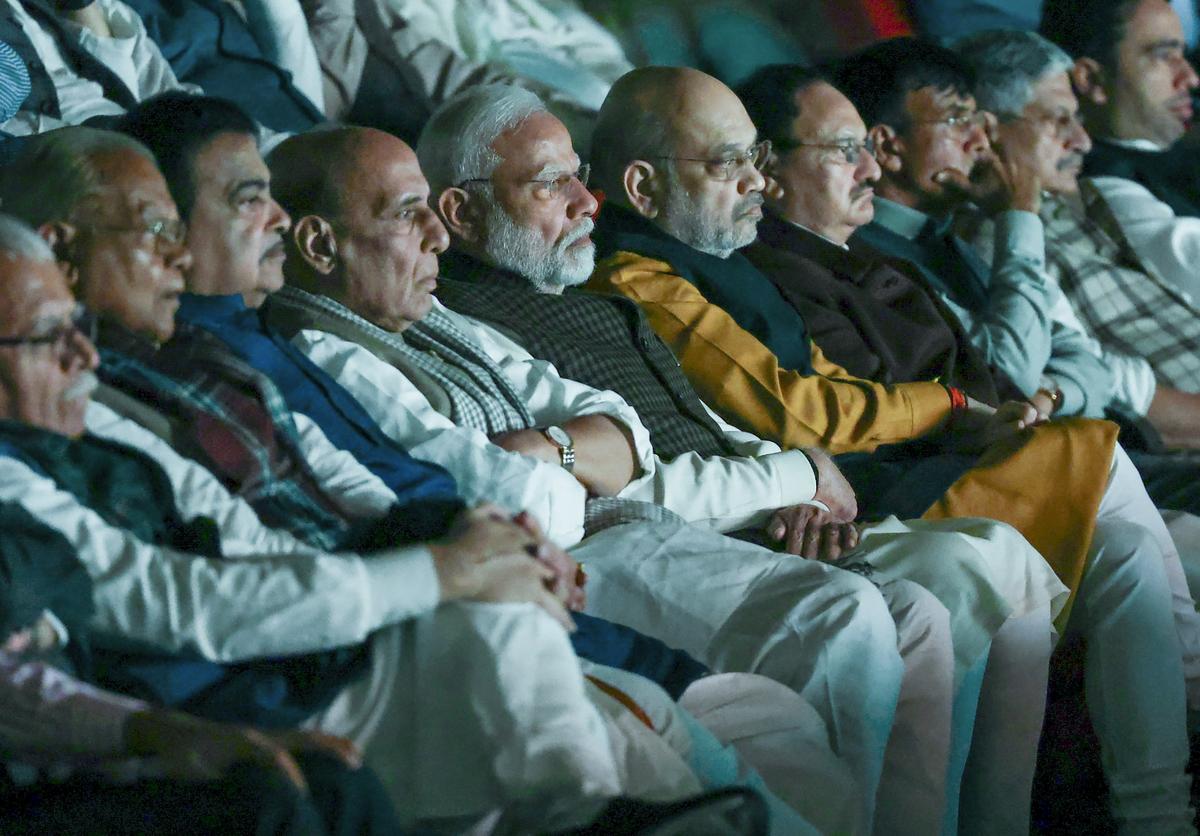 Prime Minister Narendra Modi with Union Ministers Rajnath Singh, Amit Shah, Nitin Gadkari, JP Nadda, and others during the screening of the film ‘The Sabarmati Report’