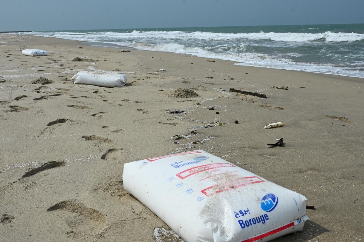 Chemical bags from the sunken Liberian cargo ship lying on the seashore of Dhanushkodi. 