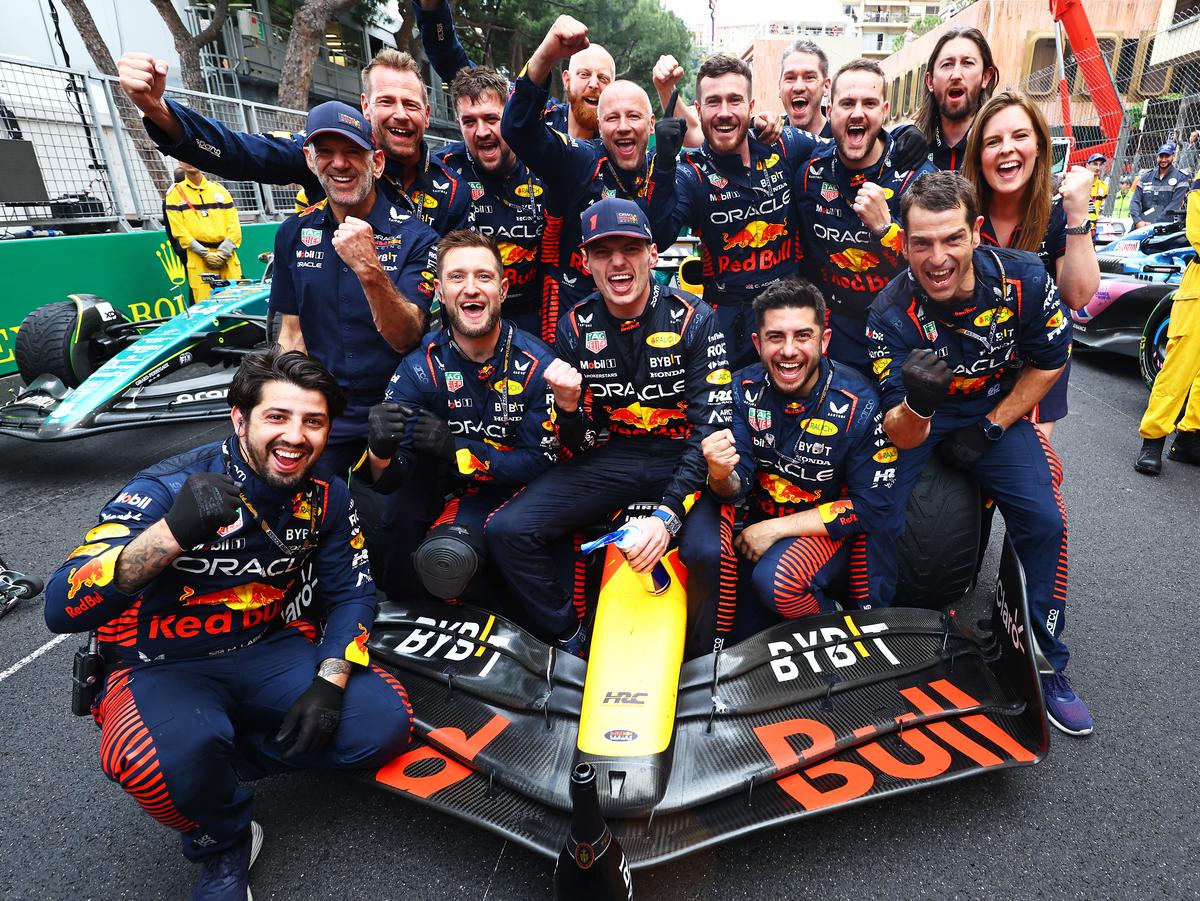 Race winner Max Verstappen of the Netherlands and Oracle Red Bull Racing celebrates with his team after the F1 Grand Prix of Monaco at Circuit de Monaco on May 28, 2023, in Monte-Carlo, Monaco. 