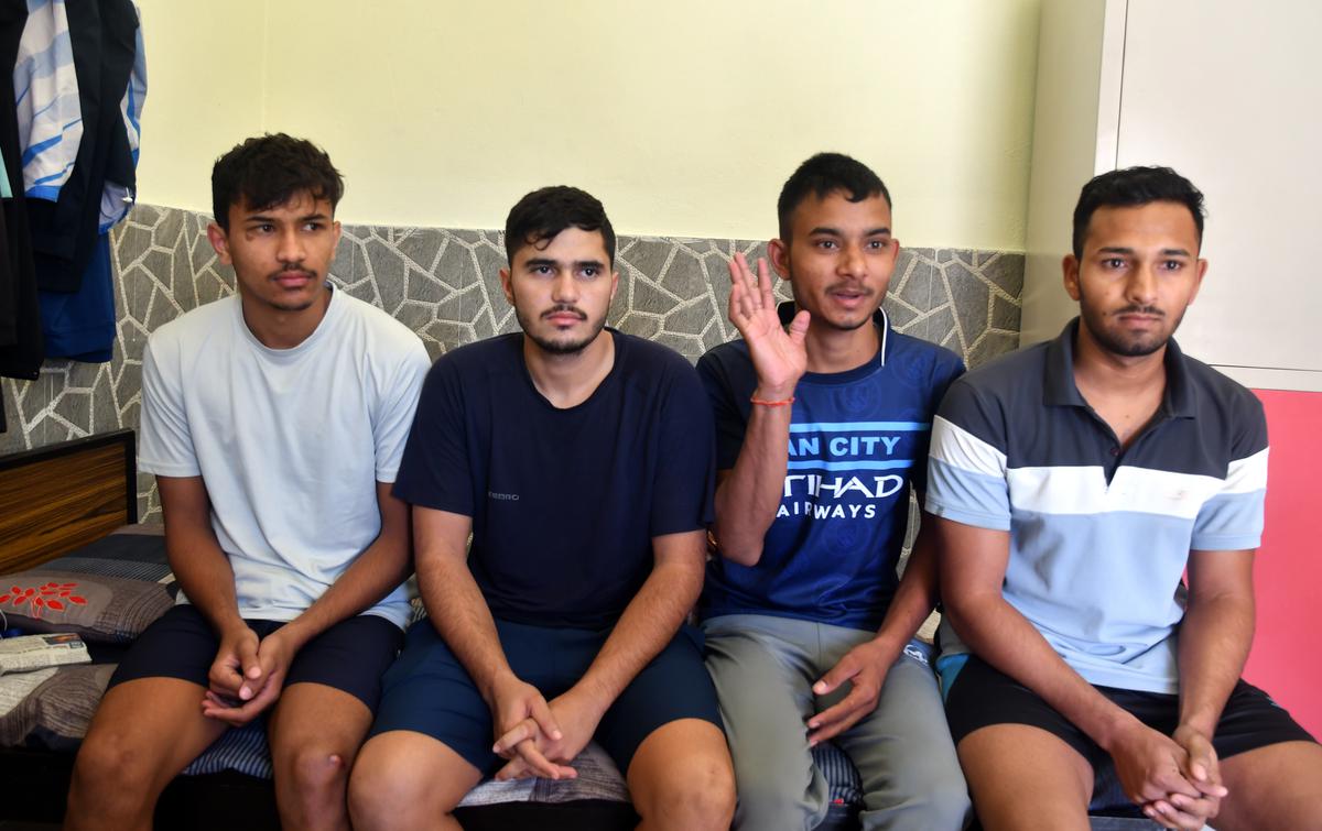 (From left): Karan from Uttarakhand, Aditya Choudhary from Rajasthan, Saurabh Kaurav from Madhya Pradesh, and Nikhil Yawatkar from Maharashtra. They are all training to be professional kabaddi players in Haryana. 