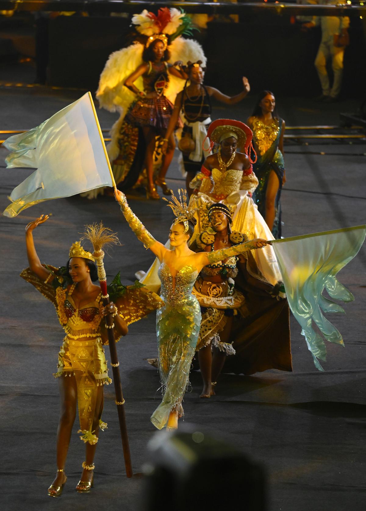 Models participating in the fashion show parade, each Miss World contestant will hold the national flag on Saturday (May 10, 2025) at the Gachibowli Stadium in Hyderabad. Models participating in the fashion show parade, each Miss World contestant will hold the national flag on Saturday (May 10, 2025) at the Gachibowli Stadium in Hyderabad.