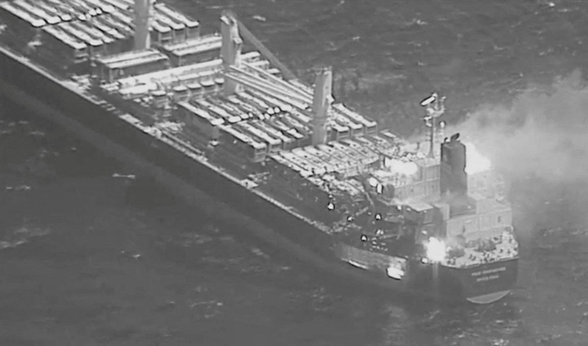 An aerial view of the Barbados-flagged ship True Confidence ablaze following a Houthi missile attack at sea, March 6, 2024, in this handout photo. DVIDS/Handout via REUTERS    THIS IMAGE HAS BEEN SUPPLIED BY A THIRD PARTY     TPX IMAGES OF THE DAY     