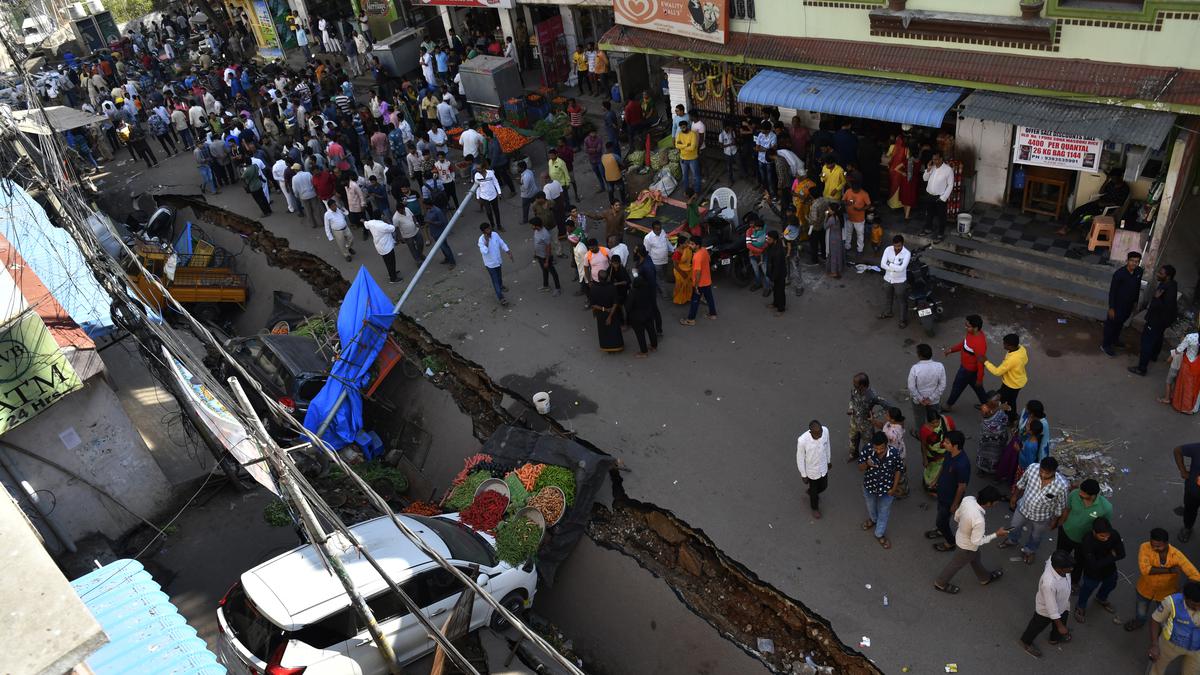 Busy Goshamahal road stretch caves in