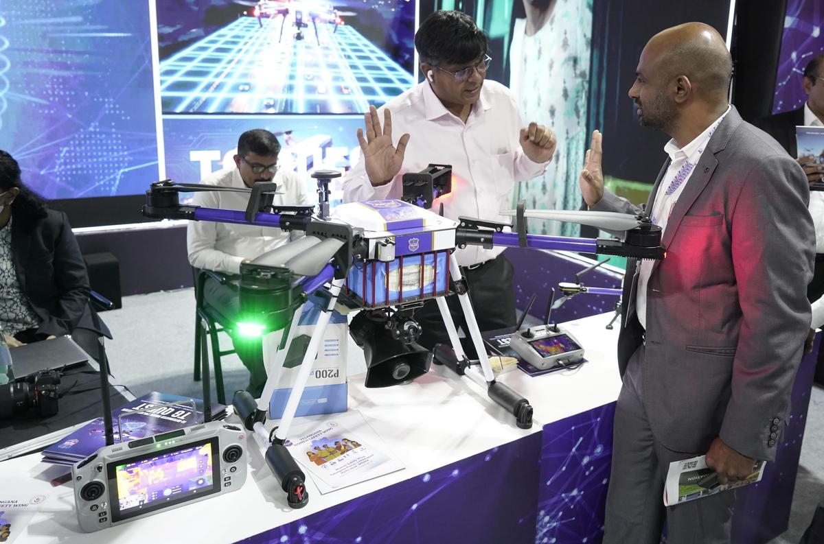 Telangana Police stall showcasing  AI-powered drones at Telangana Rising Global Summit-2047 on Monday. 