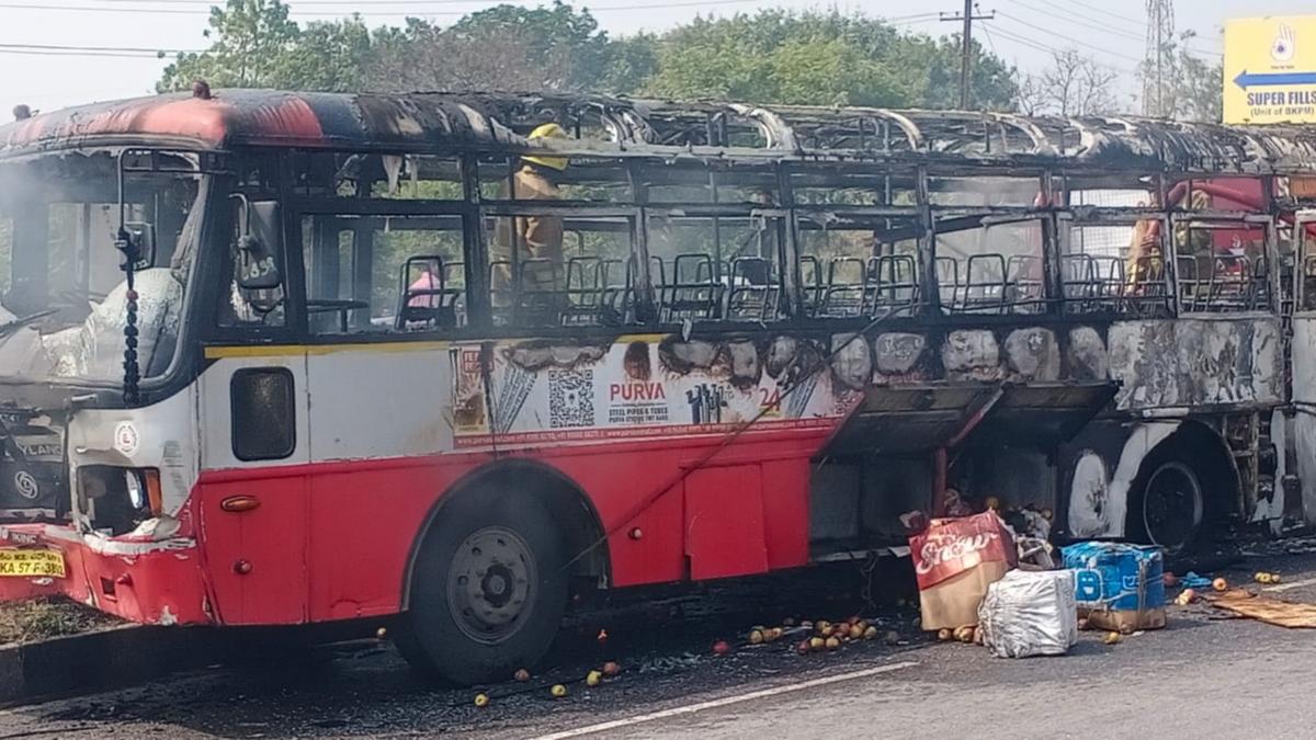 Bus, motorcycle go up in flames after accident, two killed in Krishnagiri