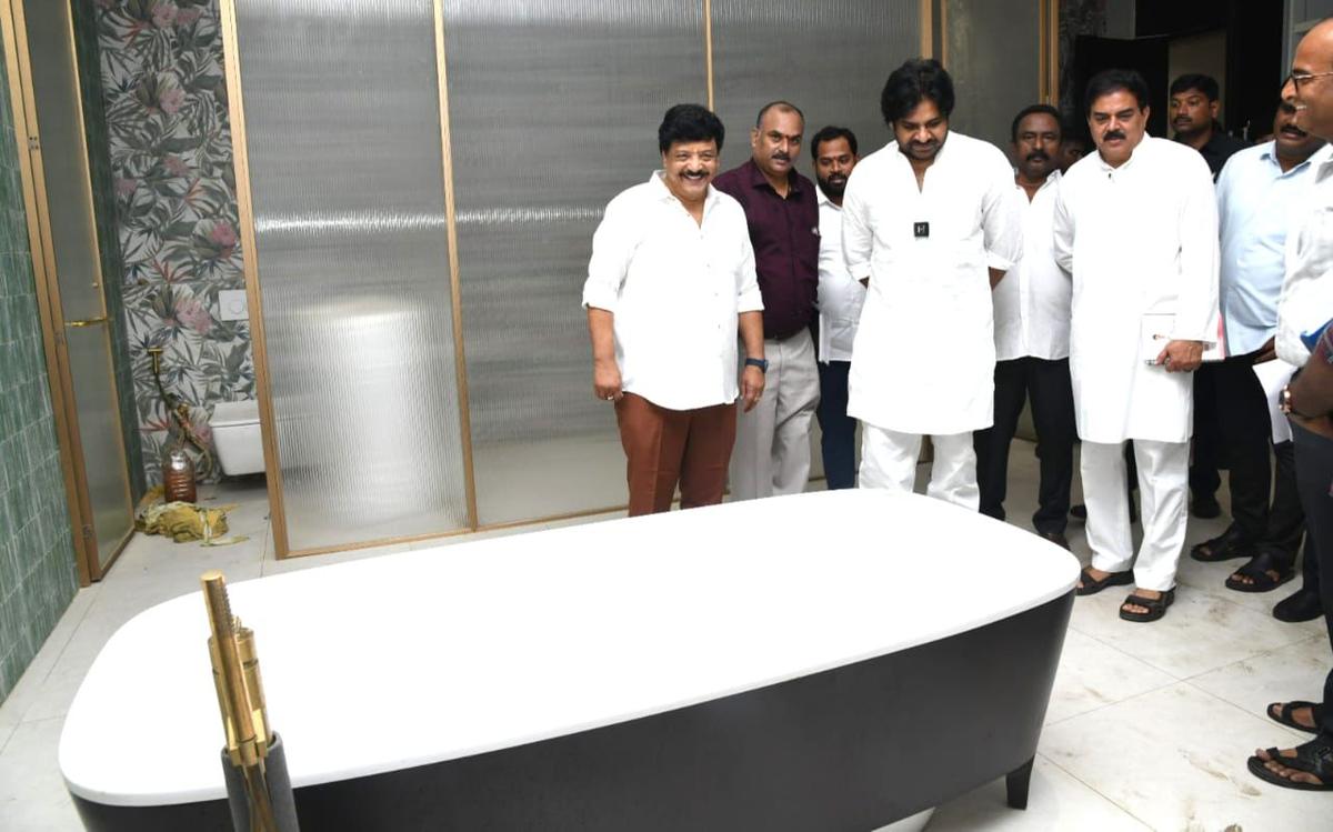 Deputy Chief Minister and Jana Sena Party (JSP) president K Pawan Kalyan inspects the bathroom facilities at the Rushikonda buildings in Visakhapatnam on Friday. Deputy Chief Minister and Jana Sena Party (JSP) president K Pawan Kalyan inspects the bathroom facilities at the Rushikonda buildings in Visakhapatnam on Friday.