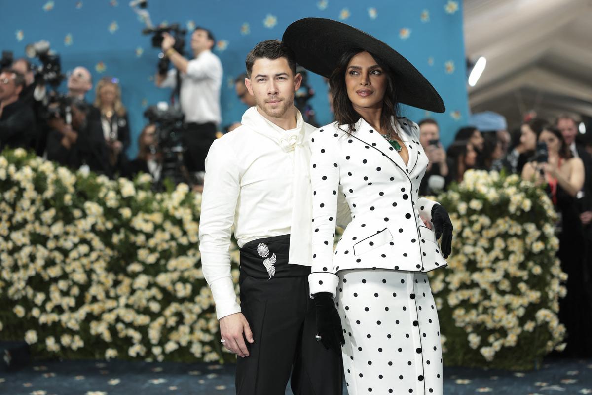 Nick Jonas and Priyanka Chopra pose during the Met Gala, an annual fundraising gala held for the benefit of the Metropolitan Museum of Art’s Costume Institute with this year’s theme ‘Superfine: Tailoring Black Style,’ in New York City, New York, U.S., May 5, 2025.