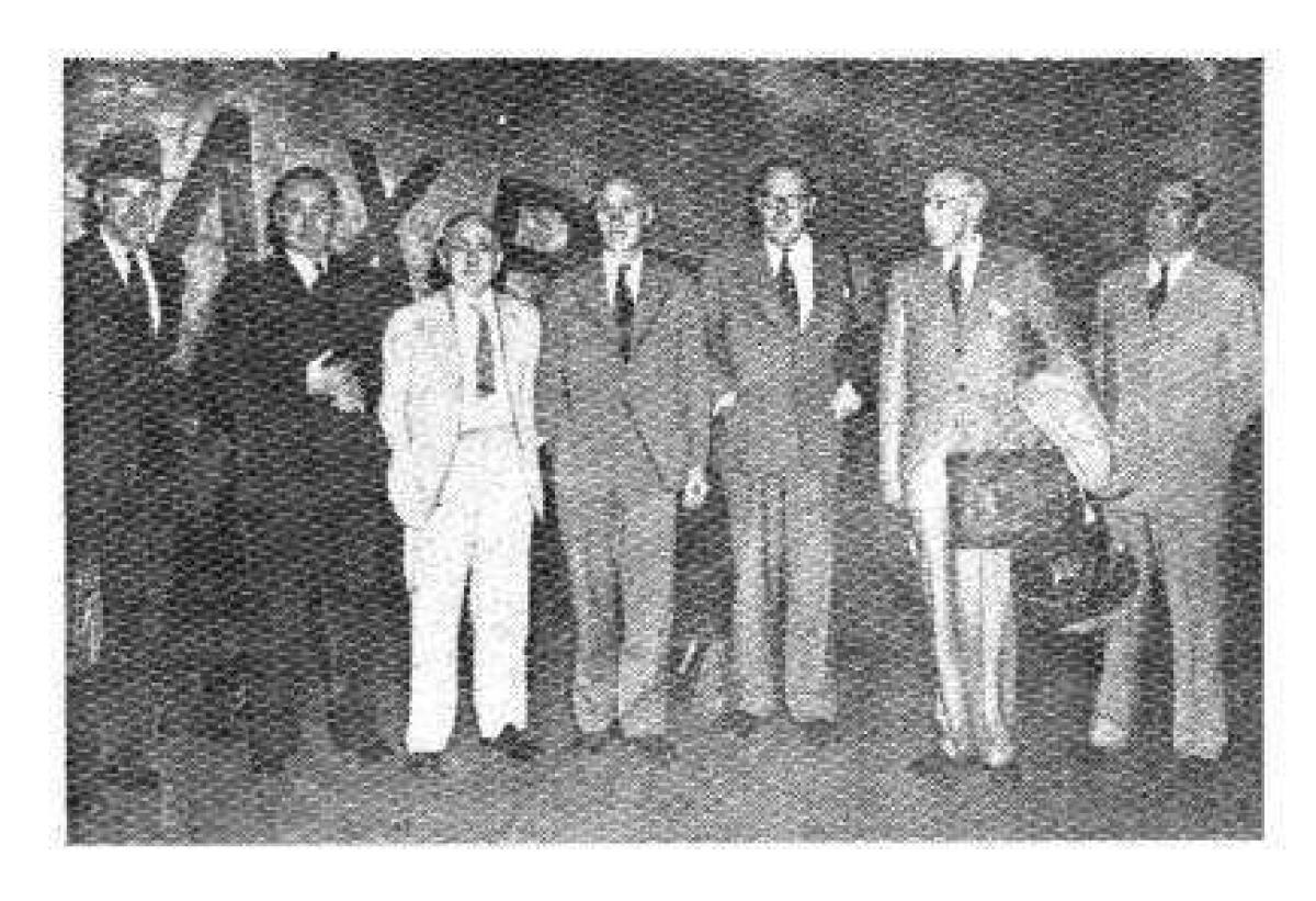 The delegation of the British Steel Consortium which arrived in Delhi on October 25, 1955 for talks with the Government of India for setting up a steel plant in the public sector at Durgapur. Sir Cyril Jones, Leader of the delegation is seen In the centre of the picture.