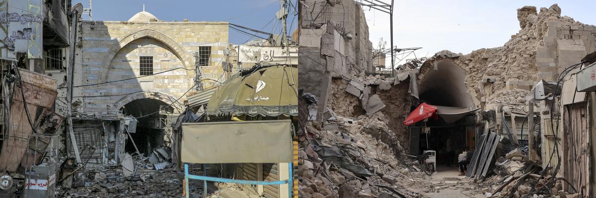 This combination of pictures shows (L) Gaza City’s Qissariya Gold Market (Caesarea Market) after damage in Israeli bombardment on January 5, 2024, and (R) the same building after further damage on September 22, 2024. This combination of pictures shows (L) Gaza City’s Qissariya Gold Market (Caesarea Market) after damage in Israeli bombardment on January 5, 2024, and (R) the same building after further damage on September 22, 2024.