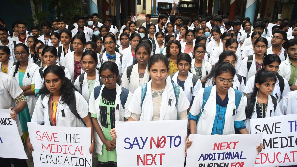Students of government medical colleges protest against national exit test