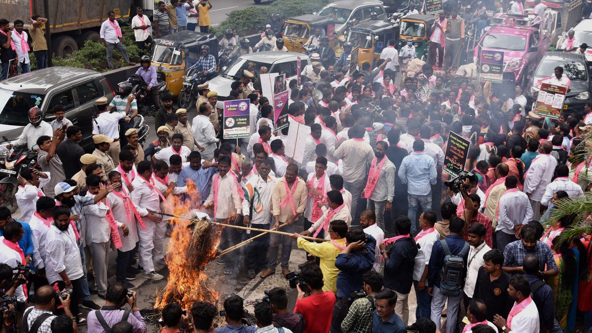 BRS stages protests at Vidyut Soudha against Revanth’s remarks on three-hour power for farming