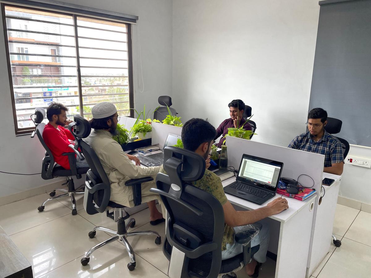 Young engineers work at the tiny office of Prosoft, a Belagavi based IT company, whose products are sold overseas.