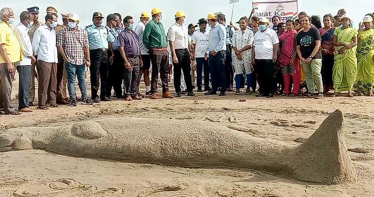 A dugong sand sculpture at Danushkodi beach to mark World Environment Day in June 2022. A dugong sand sculpture at Danushkodi beach to mark World Environment Day in June 2022.