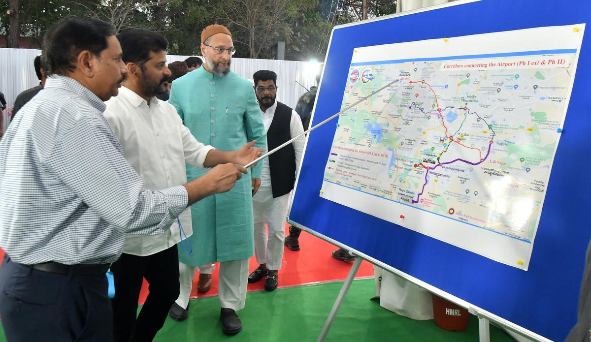 Telangana Chief Minister A. Revanth Reddy along with AIMIM MP Asaduddin Owaisi and Hyderabad Metro Rail Managing Director N.V.S. Reddy participate in laying foundation stone for Old City Metro Project at Faluknama in the old city of Hyderabad on March 08, 2024. 