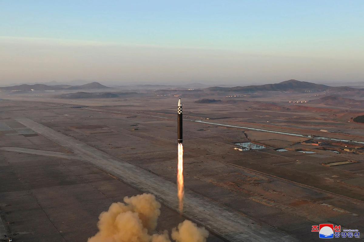 This picture taken on March 16, 2023 and released by North Korea’s official Korean Central News Agency (KCNA) on March 17 shows the launch of a Hwasong-17 intercontinental ballistic missile (ICBM) at Pyongyang International Airport. 