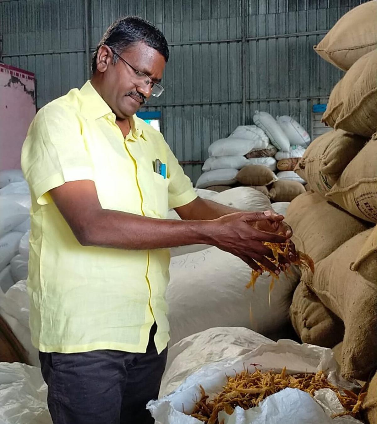 S. Gopi with his latest batch of ‘mor milagai’, in Boliyamanur.