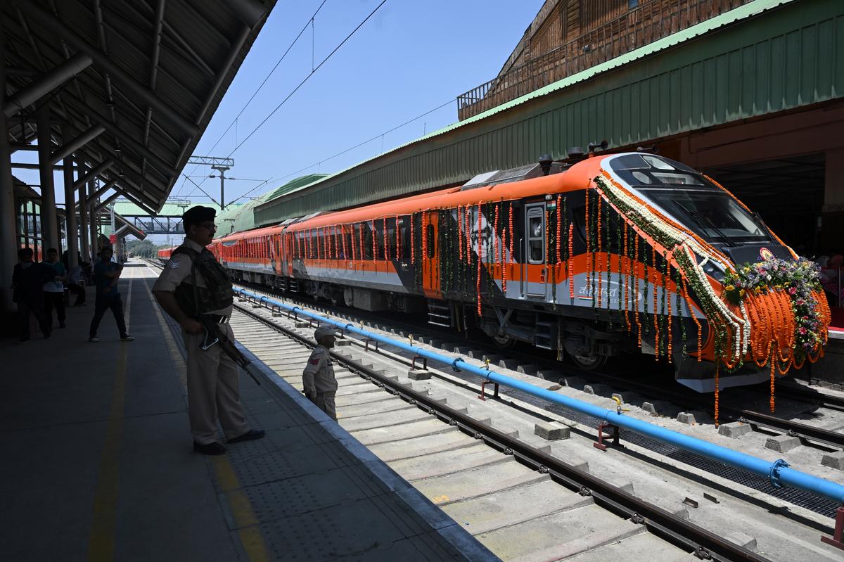The Vande Bharat Express between Srinagar and Katra at a platform in Srinagar.