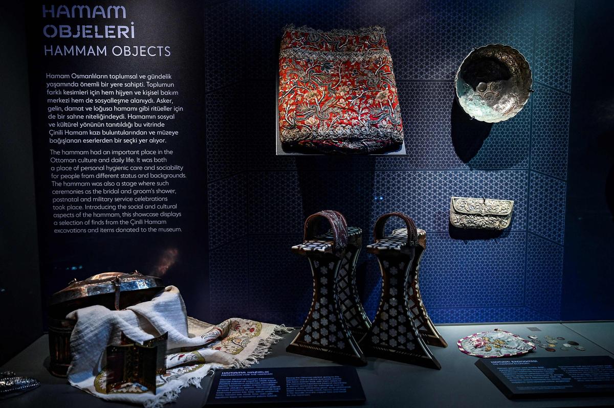 Wooden slippers worn by women in the Turkish bath are displayed in the museum of the newly restored 16th-century Turkish bath, Zeyrek Cinili hammam, in Istanbul on October 7, 2024.