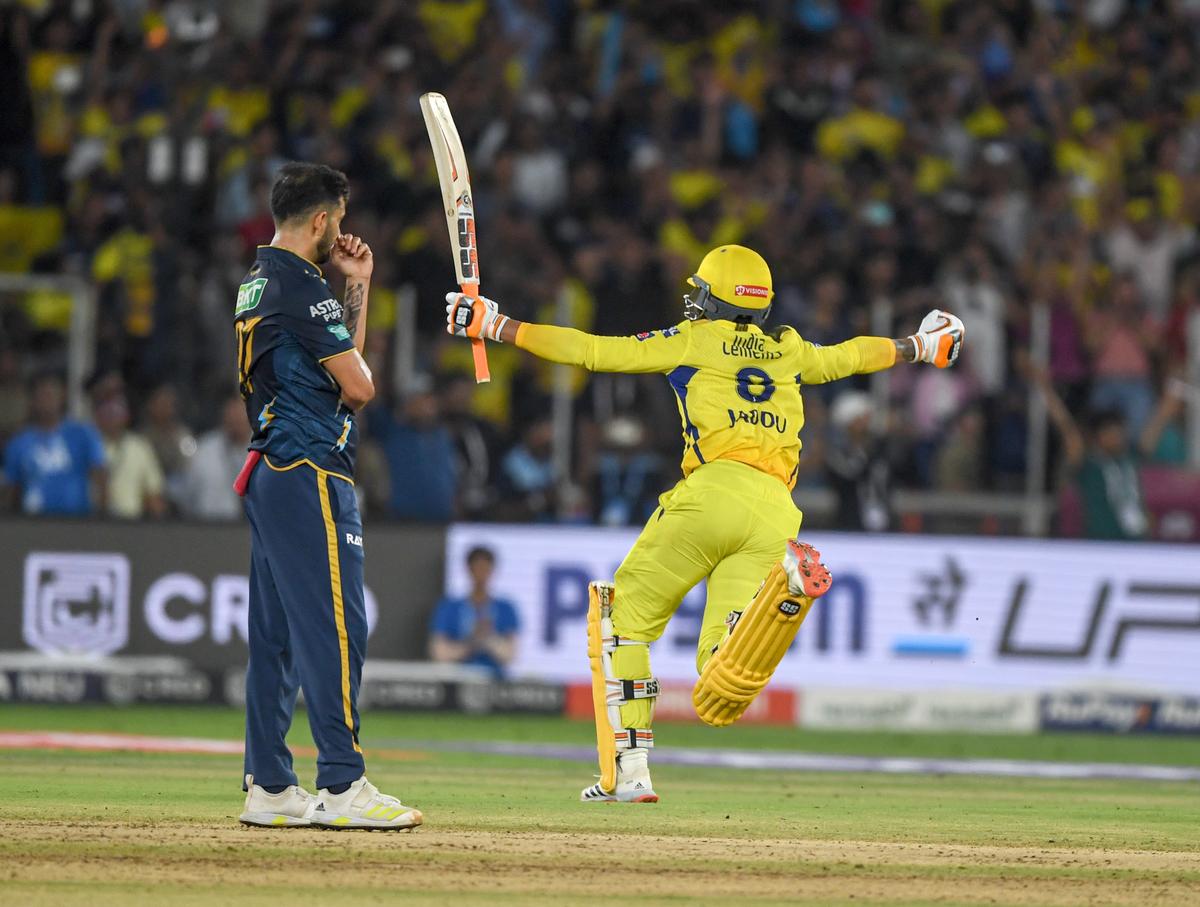 CSK’s Ravindra Jadeja celebrates after winning the IPL 2023 final cricket between Gujarat Titans and Chennai Super Kings, at the Narendra Modi Stadium in Ahmedabad, on May 29, 2023