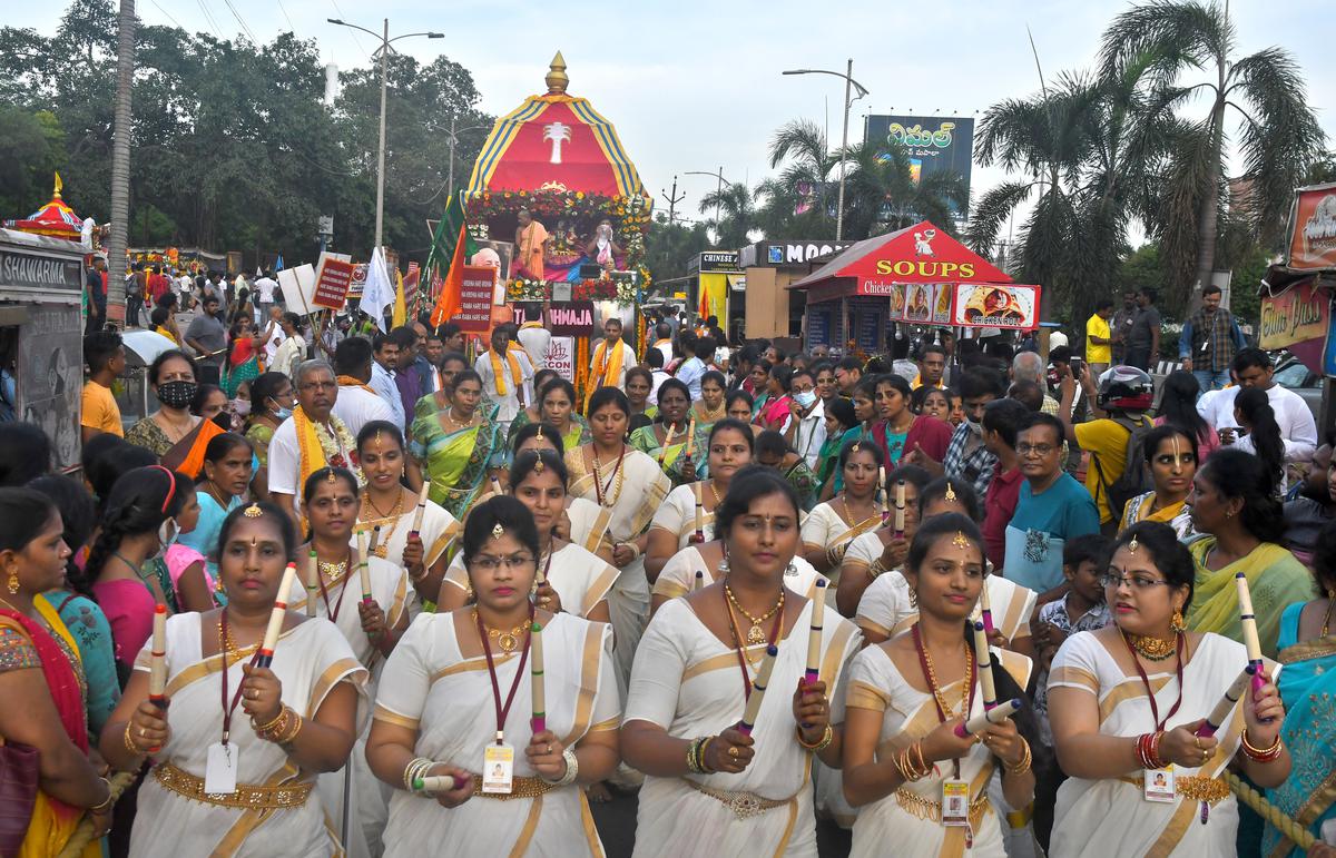 Devotees performing ‘Kolatam’, while participating in the rath yatra organised by ISKCON in Visakhapatnam on Friday.