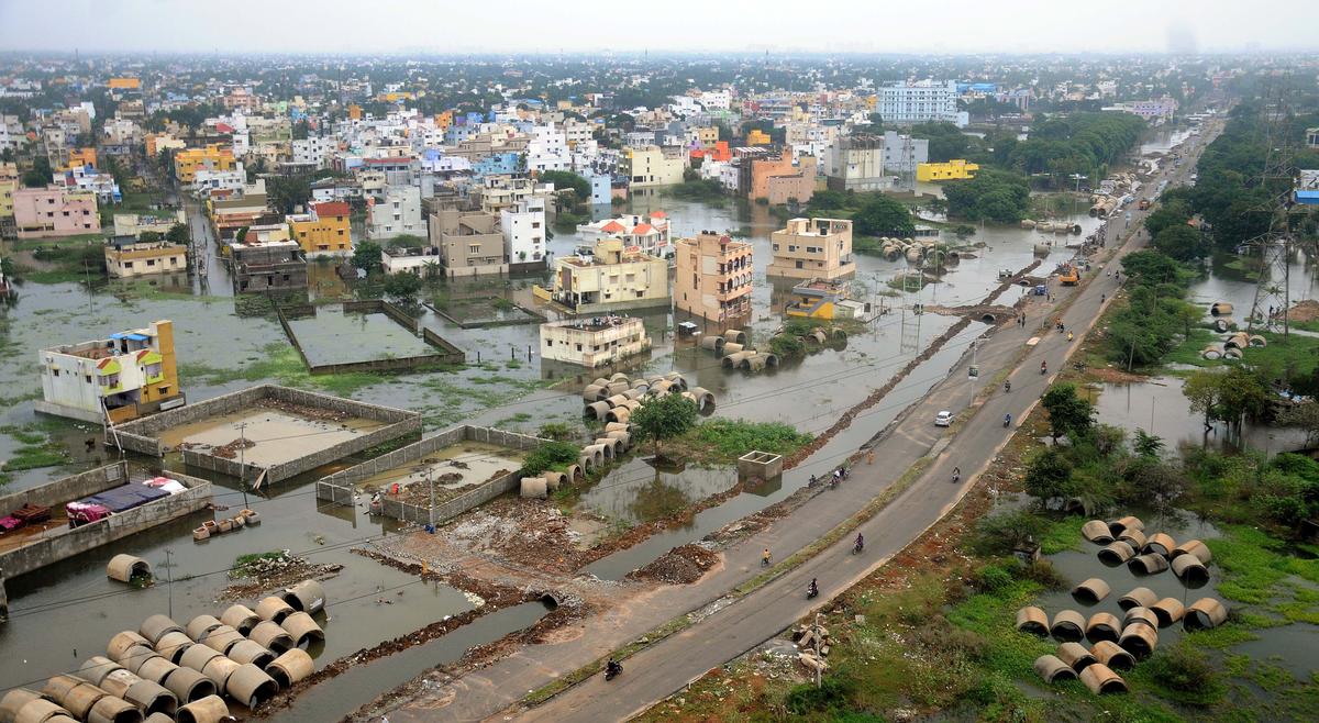 An aerial view of the Kolathur area which is flooded after the rain in Chennai on December 3, 2015.