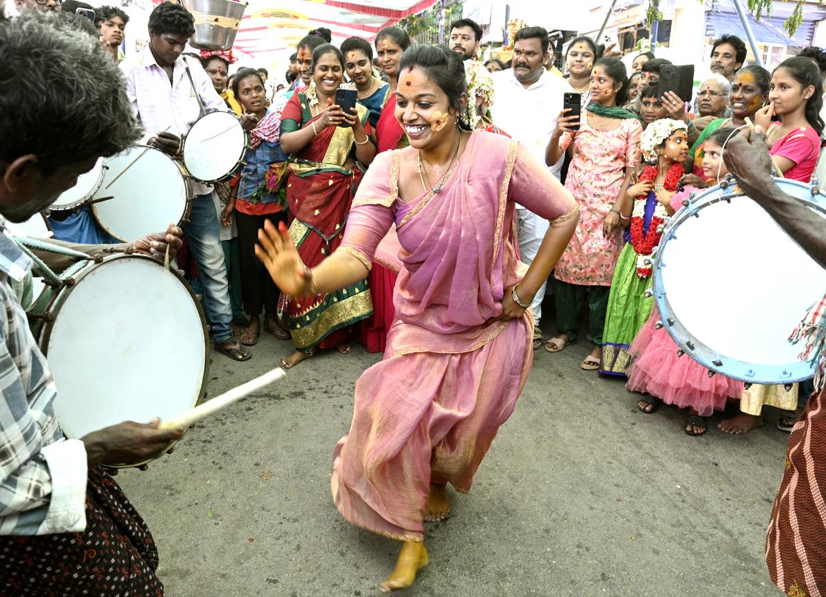 A visitor attending the Gangamma Jatara at the Thathayagunta Gangamma temple dances to the rhythm of the beats of the ‘Nagada’ in Tirupati. Photo: K.V Poornachandra Kumar