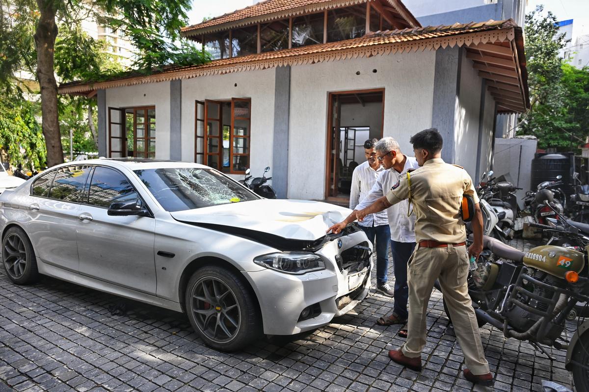 The BMW car that was involved in the accident is parked inside the Worli Police Station premises. 