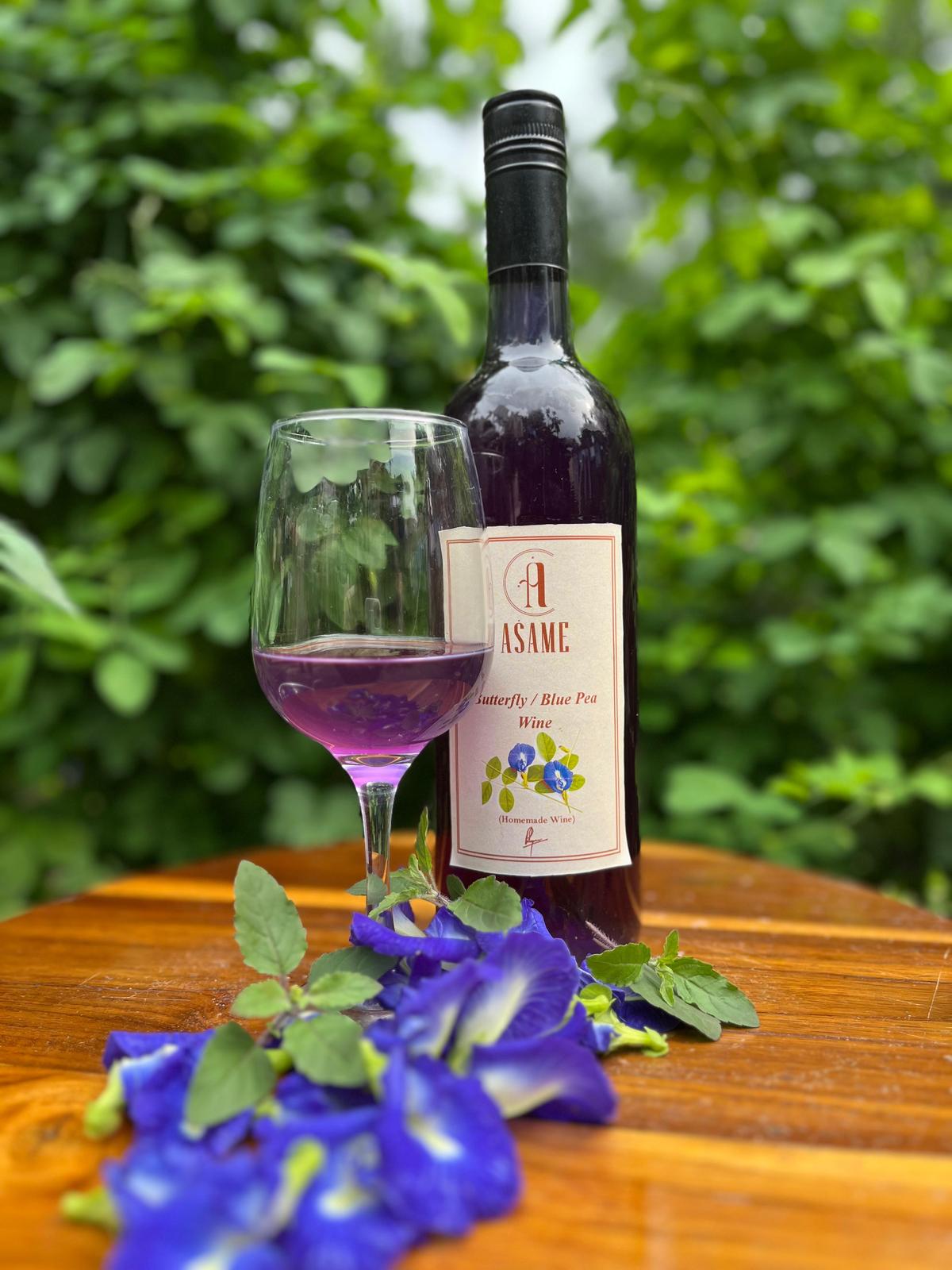 Asame’s blue wine made from the butterfly pea flower.