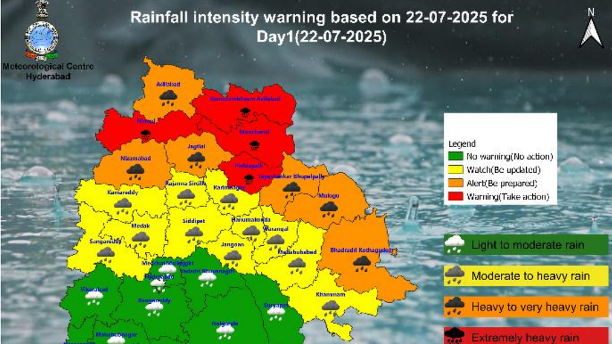 Red alert for four Telangana districts on July 22; very heavy to extremely heavy rainfall expected