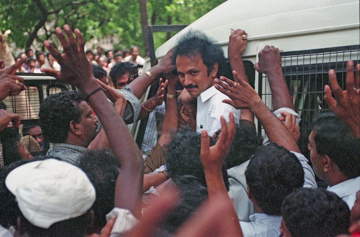 Mr. Stalin being taken in a police van in Chennai on June 30, 2001