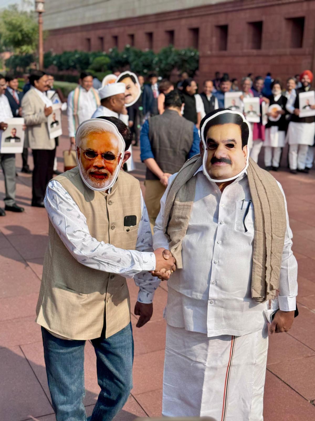 INDIA bloc MPs protest in Parliament House complex today on Adani issue on December 9, 2024. Photo: Special Arrangement