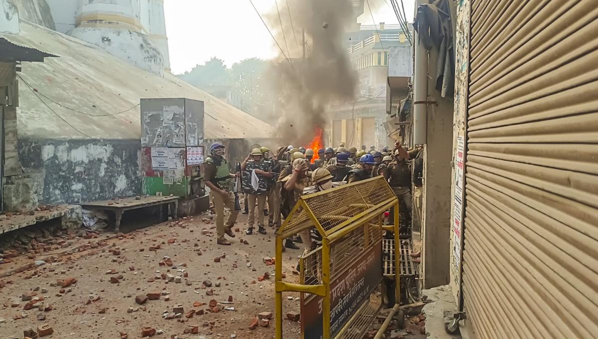 Police try to control the situation amid violence during a second survey of the Jama Masjid, claimed to be originally the site of an ancient Hindu temple, in Sambhal, Sunday, Nov. 24, 2024. 