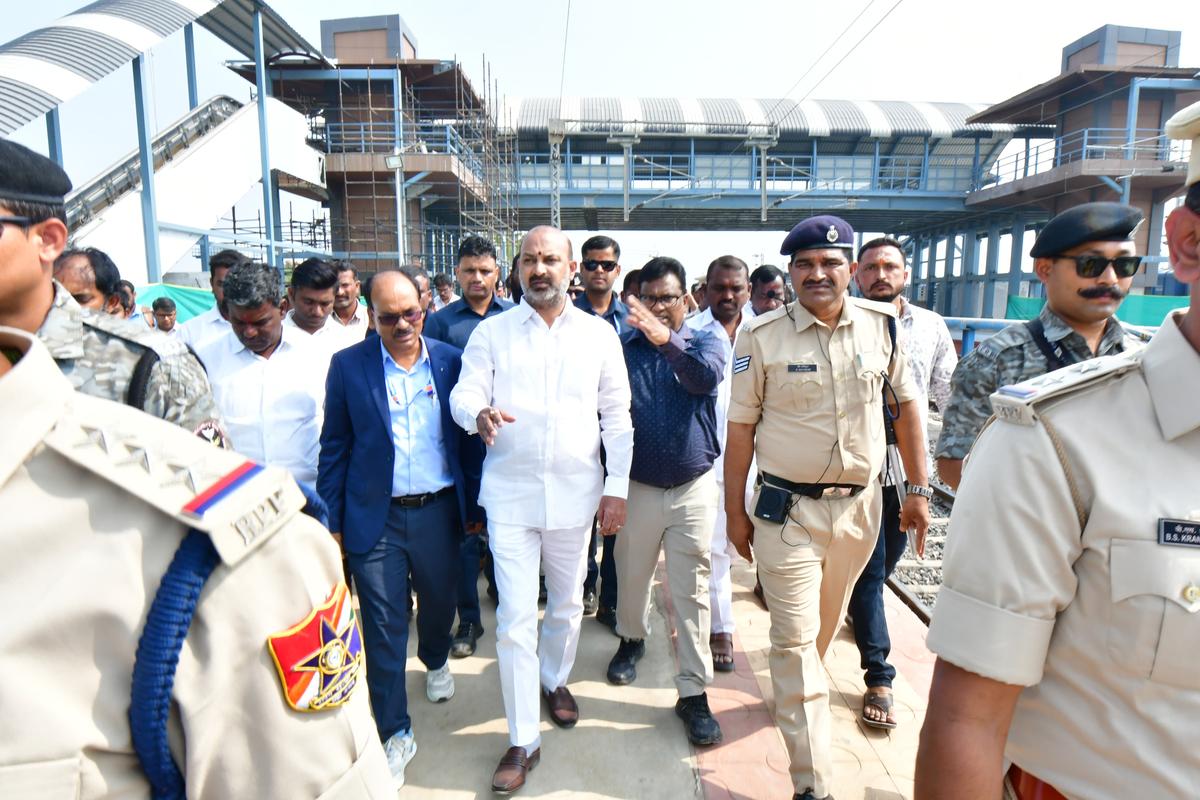 Union Minister Bandi Sanjay Kumar reviewing the progress of various railway projects in Karimnagar on Friday.