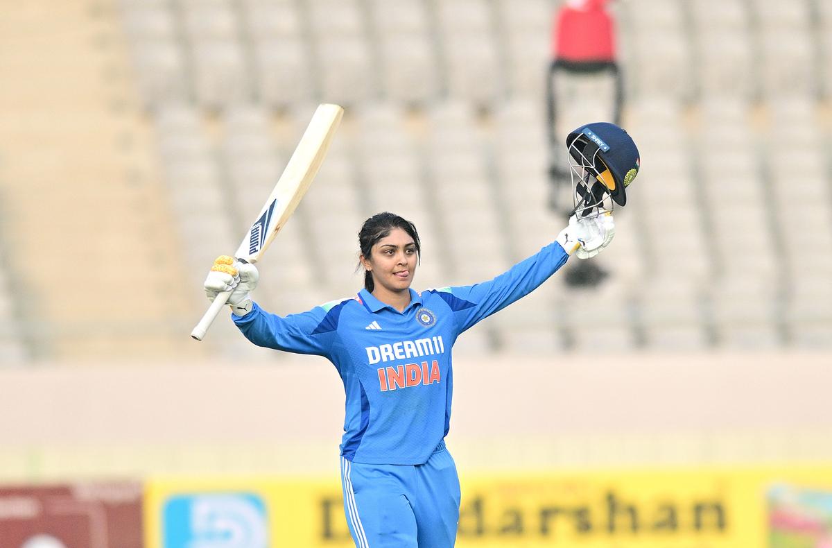 India’s Harleen Deol celebrates her ODI century against West Indies at the Kotambi Stadium in Vadodara.