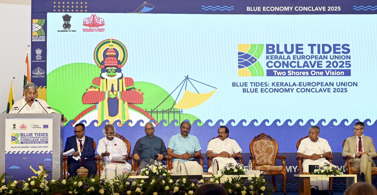 Union Minister of Fisheries, Animal Husbandry and Dairying Rajiv Ranjan Singh speaks during the Kerala-European Union Blue Economy Conclave 2025 in Thiruvananthapuram on Friday.