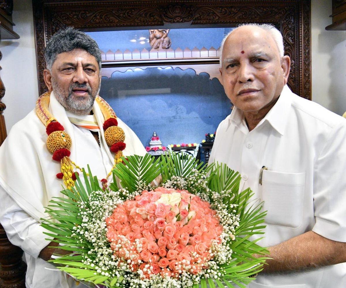 Karnataka Chief Minister-designate D.K. Shivakumar met former CM and BJP leader B. S. Yediyurappa ahead of his oath-taking ceremony, in Bengaluru on June 3, 2026.