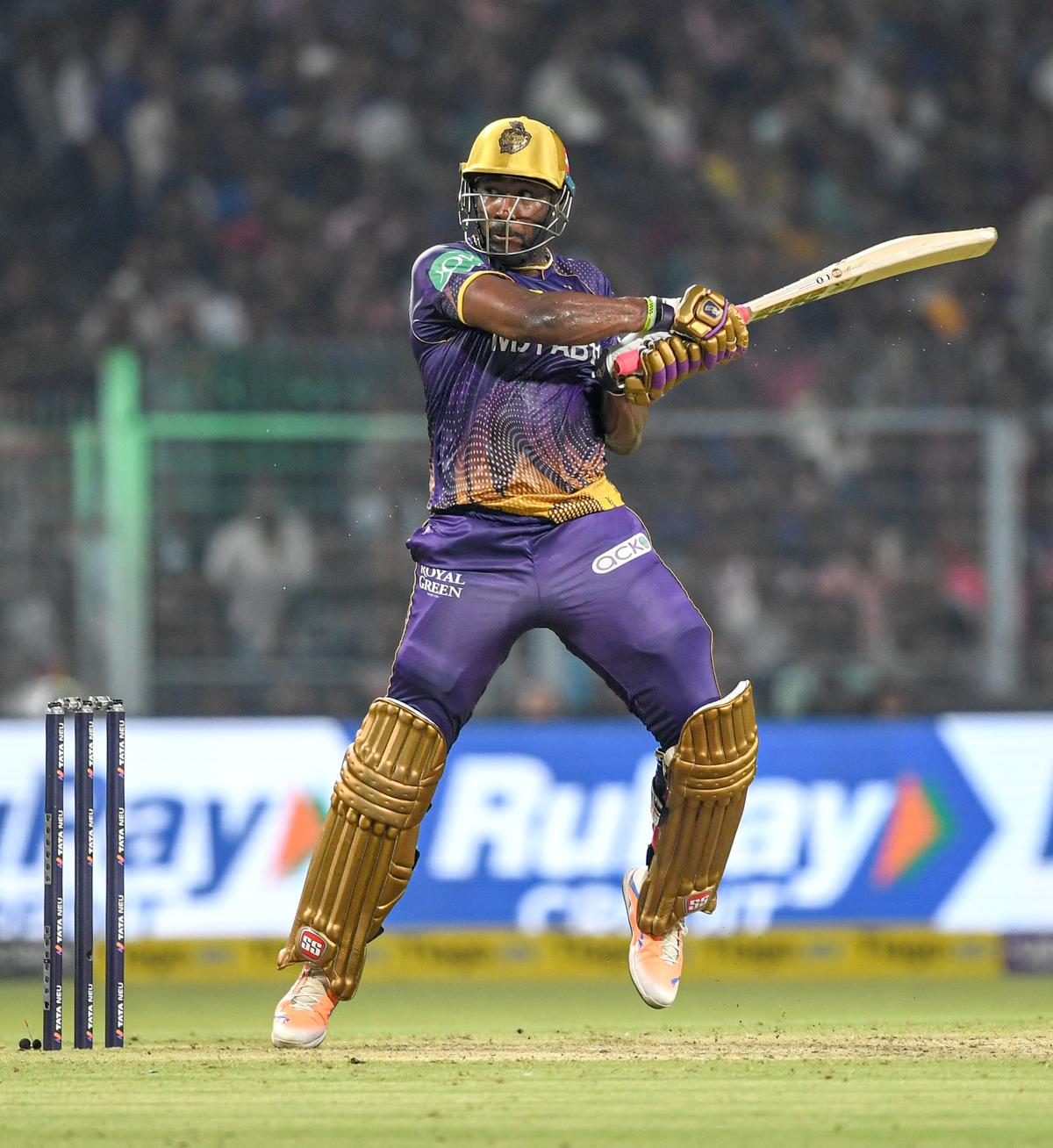 Standing tall: Andre Russell smashed a blistering 42 off 23 balls to set the stage for KKR's five-wicket win.