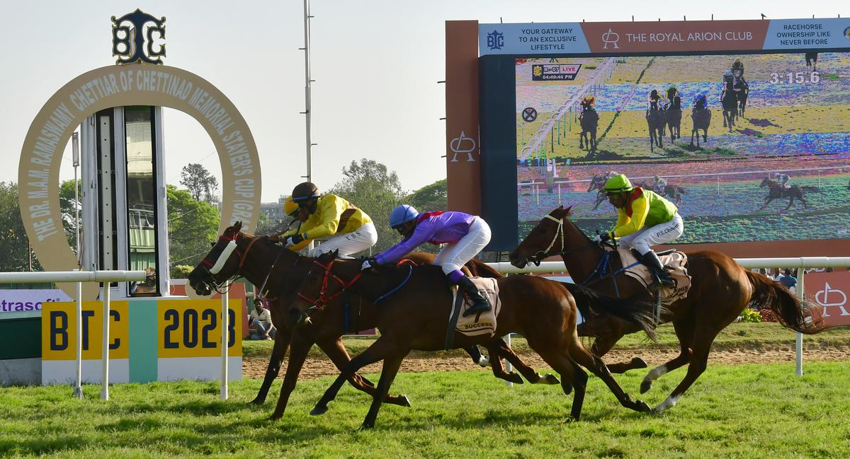 My Opinion (Y.S. Srinath) edging out Arc De Triomphe and Success to claim the Dr. M. A. M. Ramaswamy Chettiar of Chettinad Memorial Stayers’ Cup at the Bangalore Turf Club on March 04, 2023. 