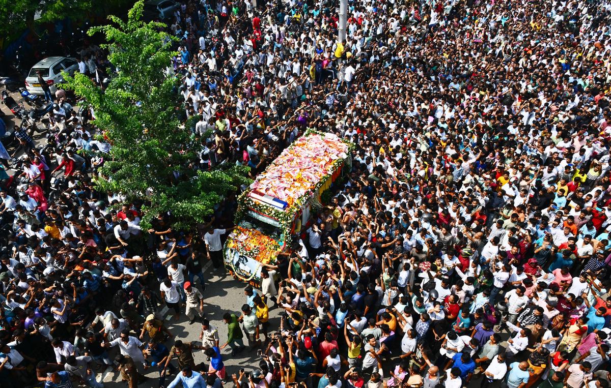 Singer Zubeen Garg’s body being taken for cremation as thousands pour onto the streets for a last glimpse, in Guwahati on September 21. 