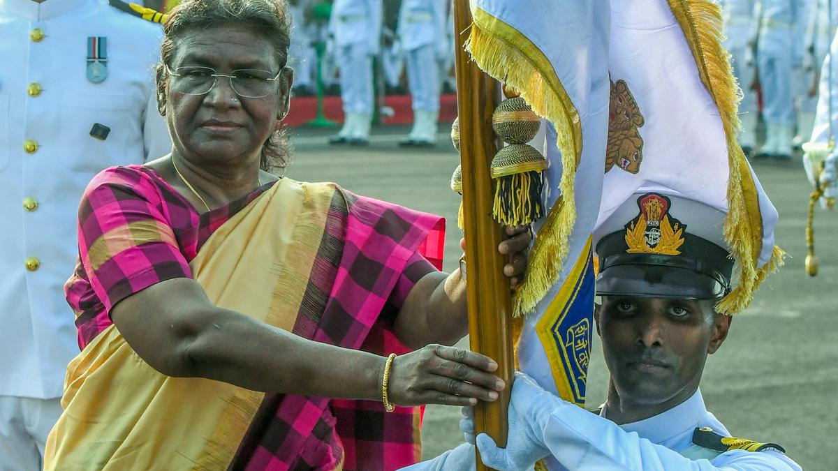 Droupadi Murmu presents President’s Colour to INS Dronacharya