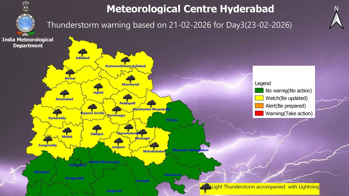 Thunderstorm alert in 18 Telangana districts on February 23